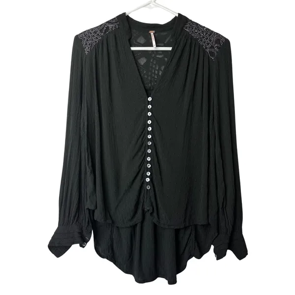 FREE PEOPLE Black Canyon Rose Metallic-Lace Blouse Hi-Lo‎ Oversized Top Size XS - Image 3