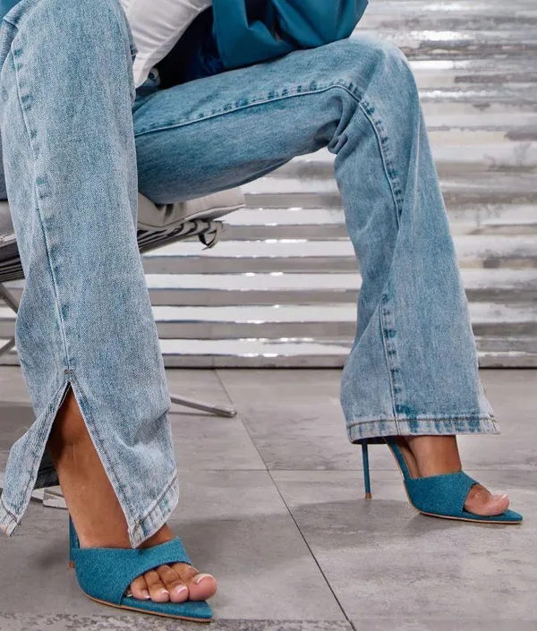 Pretty Little Thing Denim Heel Mule Sandals casual classic summer party style - Image 2