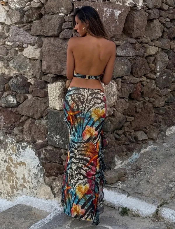 Multi-colored floral and leaf print maxi dress with cut-out back #floraldress #cutoutmaxi #club #festival #outcast - Image 4