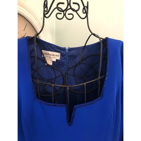 Silk Dress Morton Myles Electric Blue‎ V Neck Sequin Lined sz 12 Long Sleeve - Image 5