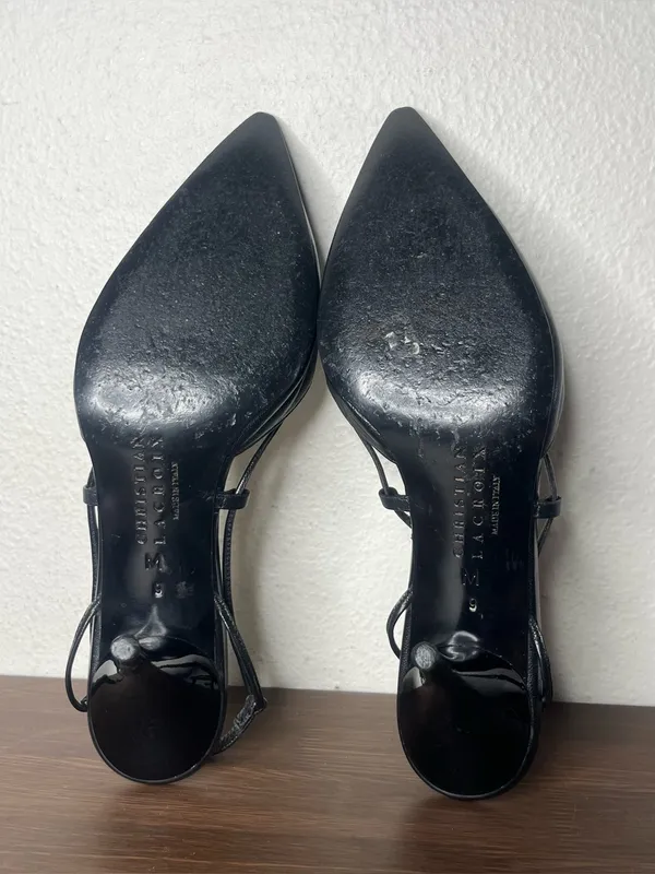 Christian Lacroix Black Leather Pointed Toe Slingback Kitten Heels - Image 8