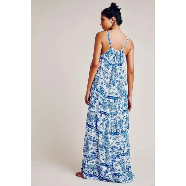By ANTHROPOLOGIE Jasmine Tiered Cover-Up Dress Maxi Tropical Toile Blue Medium - Image 7