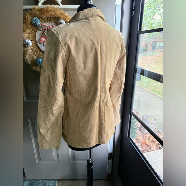 Y2K vintage Me Jane nude suede open front tie blazer, size large - Image 6