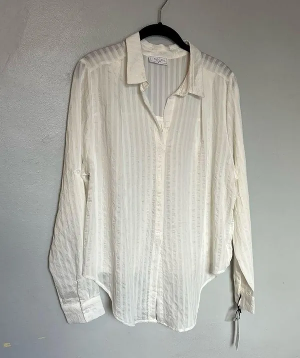NEW Sage Linen V Neck Shirts Shirt Spring Autumn Casual Long Sleeve White Medium - Image 5