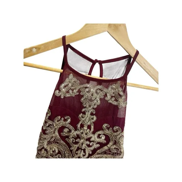 Candalite Burgundy Gold Maxi Dress Women's S Mock Neck‎ Floral Special Occasion - Image 4
