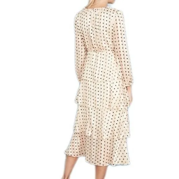 $168 NWOT O.P.T. Women's Beige V-Neck Long Sleeve Tiered Polka Dot Dress Size XS - Image 4