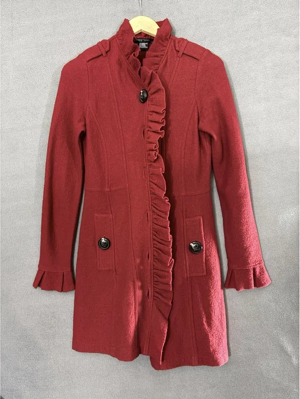 Etcetera Red 100% Merino Wool Ruffle Trench Coat Jacket XS Flawed /Repair Needed - Image 2