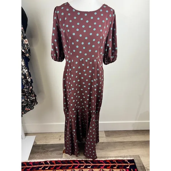 Bobeau Polka Dot Dara Midi Dress Puff Sleeve Ruffle Hem Burgundy Teal Size M - Image 11