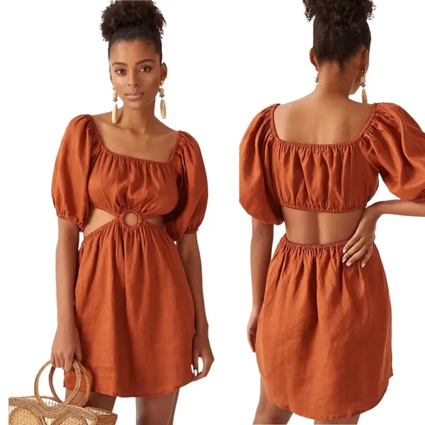 Anthropologie Faithfull‎ Almero Linen Square-Neck Puff-Sleeve Mini Dress NWT - Image 2