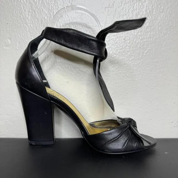 Coach Black Leather Peep-Toe Heels, Ankle Tie, 3.5" Block Heel, Size 6B - Image 3