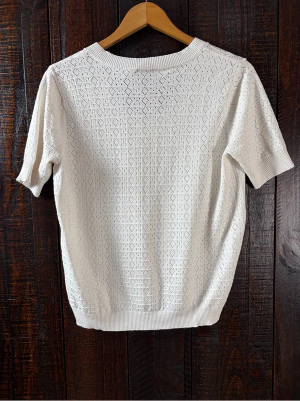 Splendid Cream Short-Sleeve Pointelle V-Neck Sweater Knit Top Medium - Image 6
