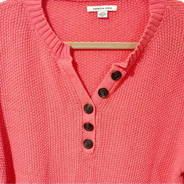 American Eagle Medium Henley Sweater Medium Pink Cotton Knit Relaxed Pullover - Image 2