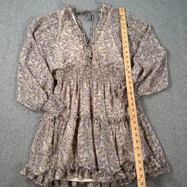 Love ya Bunches Floral V-Neck Long Sleeve Mini Dress Size Medium Ruffle Purple - Image 4