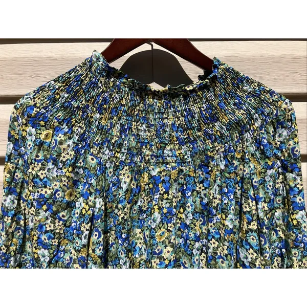 MANGO MNG Tapestry Long‎ Sleeve Mini Dress Floral Flowers Blue Yellow Size 2 - Image 2