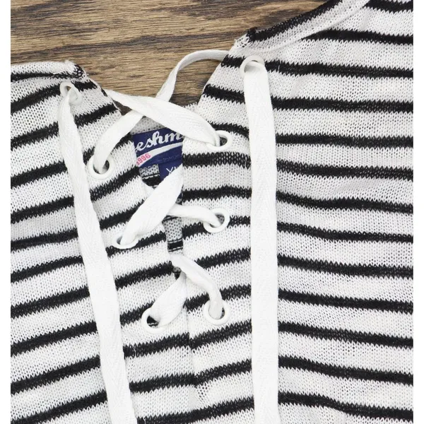 NWT Freshman Juniors Knit Striped Lace-Up T Shirt Top Black / White XL - Image 6