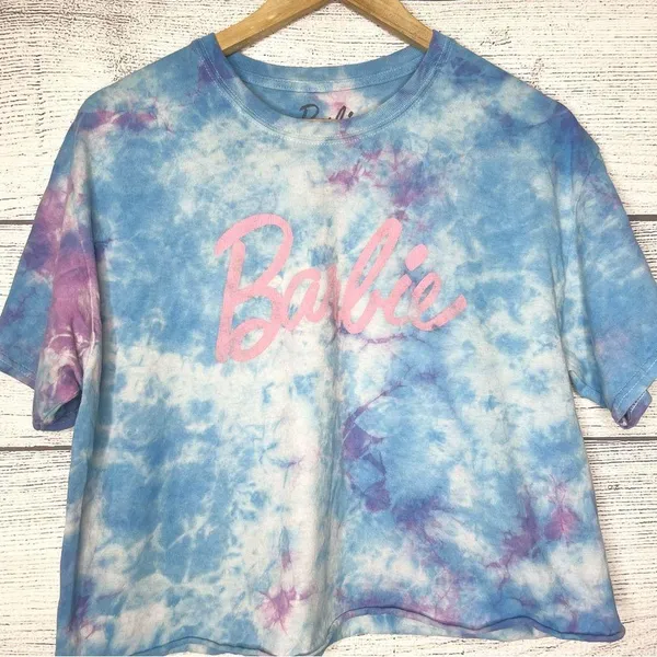 Barbie Tie Dye Cropped T-Shirt Top - Blue Pink Purple Size Large - Image 2