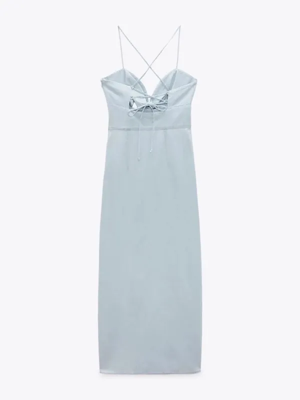 Zara Light Blue Midi Dress with Tie-Front and High Slit - Image 6