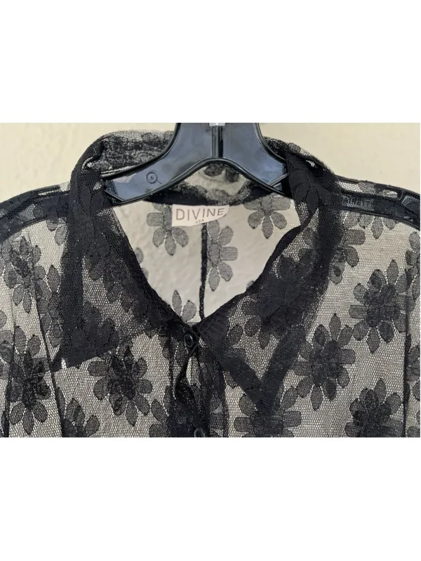 VTG Divine USA Sheer Floral Mesh Button Front Collar Shirt L Dark Coquette Goth - Image 2