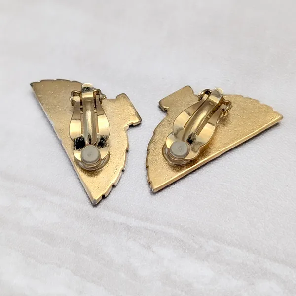 Vintage Clip On Earrings Gold Tone Fan Shape Very Large 1.5" - Fair Condition - Image 3