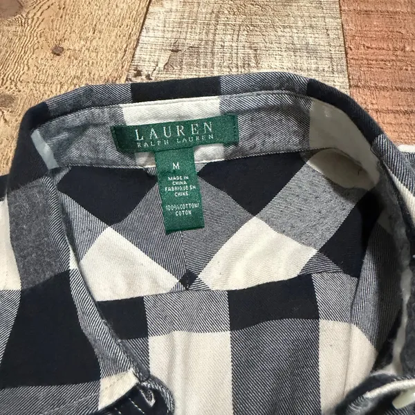 Lauren Ralph Lauren Womens Black Cream Buffalo Plaid Ruffle Button Down Top Sz M - Image 5