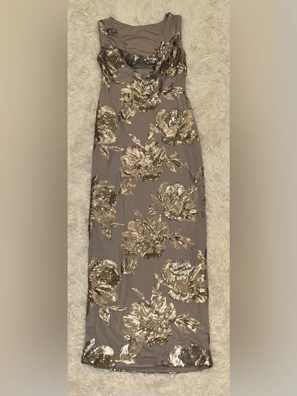 NEW Donna Karan Sequin Floral Sleeveless Dark Clay Gown Sz 10 - Image 8