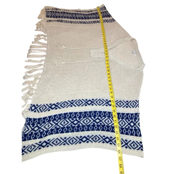Double Zero Cream Fringe Knit Poncho Sweater Navy Blue Aztec Detail Size Medium - Image 12