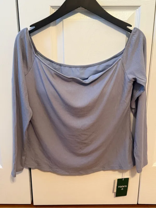 Halara Ribbed Knit Off Shoulder Long Sleeve 2-in-1 Casual Top in Dusty Blue - Image 2