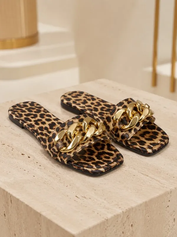 Women’s Leopard Print Gold Chain Slide Sandals Square Toe Flats NWT - Image 3