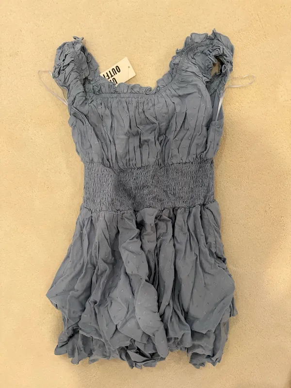 Urban Outfitters Rosie Smocked Tiered Ruffle Romper in blue - Image 2