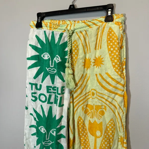 Anisa Anthropologie Soleil Wide Leg Sun Print Tassel Pants Green Yellow XS - Image 3