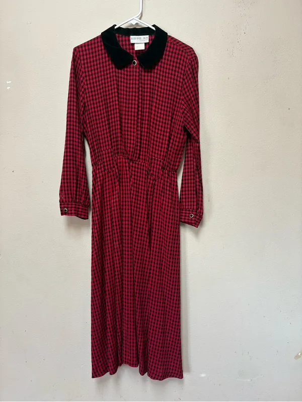 Vintage 90s Red Black Check Velvet Collar Maxi Dress Whimsigoth Grunge L - Image 11