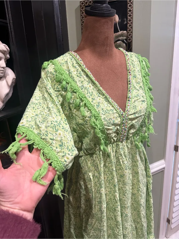 Three Stars Boho Embroidered Fringe Mini Dress – Bright Green Floral – Size S/M - Image 5