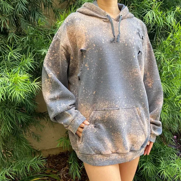 Distressed Stained Gray Destroyed long sleeve pullover Hoodie Size L - Image 2
