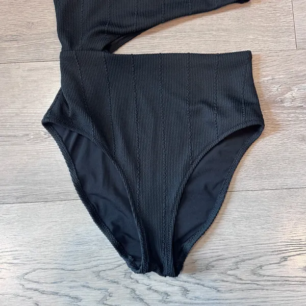 Aerie Black One Shoulder Cutout Textured Ribbed One Piece Swimsuit Size XSmall - Image 4