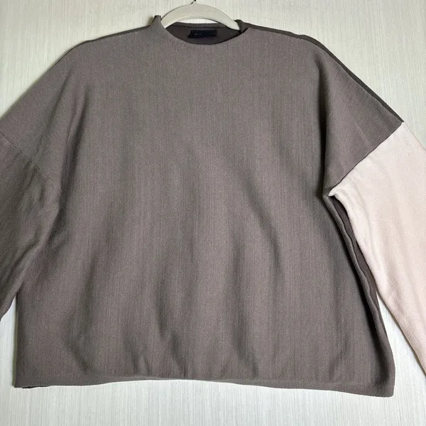 Miou Muse Brown Cream Colorblock Oversized Knit Sweater Wide Sleeve M MMT1529 - Image 2