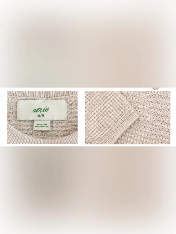 Aerie Medium Oversized Beige Textured Knit Sweatshirt - Image 4