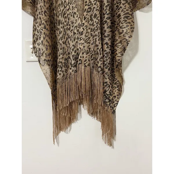 Women’s Leopard Print Fringe Kimono Gold Metallic Mesh Boho Cover-Up One Size - Image 5