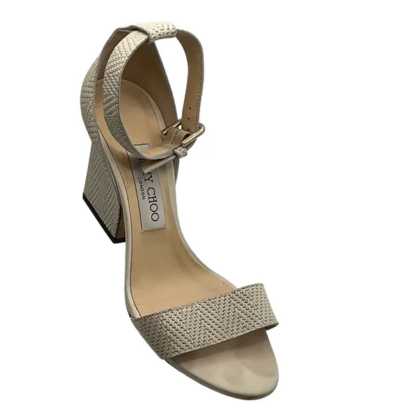 Jimmy Choo Woven‎ Ankle Strap Block Heel Sandals Beige IT 37 Made in Italy - Image 4