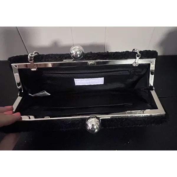 Million Wishes Black Textured Evening Clutch Purse Silver Kiss Lock Frame - Image 5