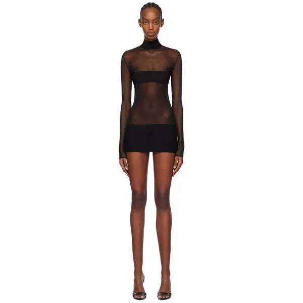 MONOT Contrasting Bands Mini Dress in Black 2 New Womens Sheer Panel Long Sleeve - Image 13