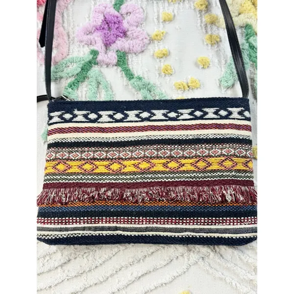 Boho Southwestern Woven Cotton Crossbody‎ Bag Fringe Geometric Navy Multi - Image 2