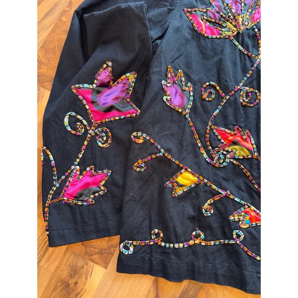 New Direction Jacket Womens Large Black Floral Embroidered‎ Applique art to wear - Image 2