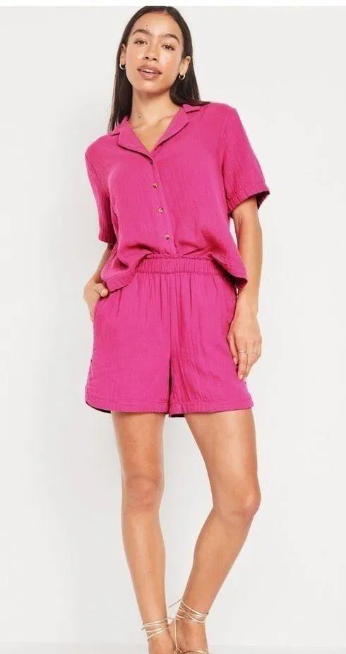 Old Navy Crinkle Gauze Button Up & Shorts Set in Polarized Pink - size XL - Image 13