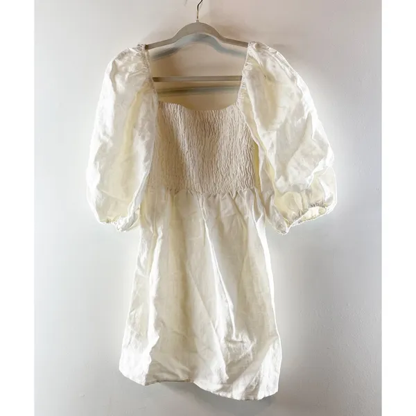 Tuckernuck Linen Square Neck Elbow Length Puff Sleeve Mini Dress Ivory Small - Image 3