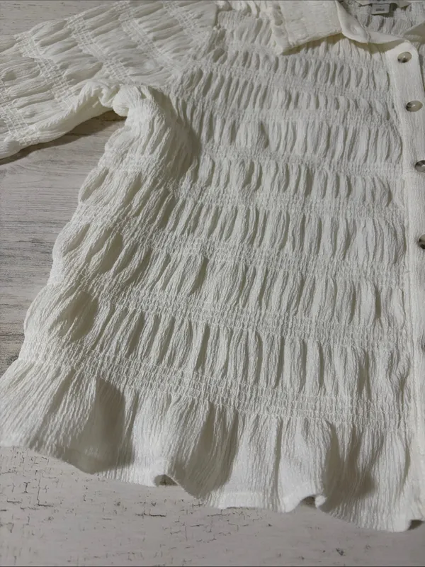 Anthropologie Maeve Cream Smocked Ruffle-Cuff Collared Top Size Large - Image 6