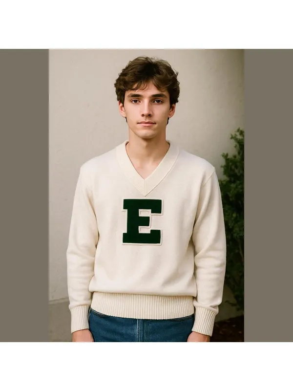 Vintage Cheer Letterman’s Sweater E College Sports Team E Green V Neck sweater - Image 2