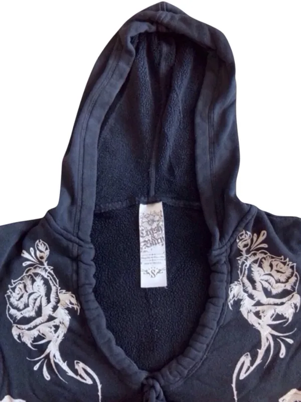 Y2K Crash & Burn Skull Rhinestone Short Sleeve Hoodie Black Size S vintage - Image 3