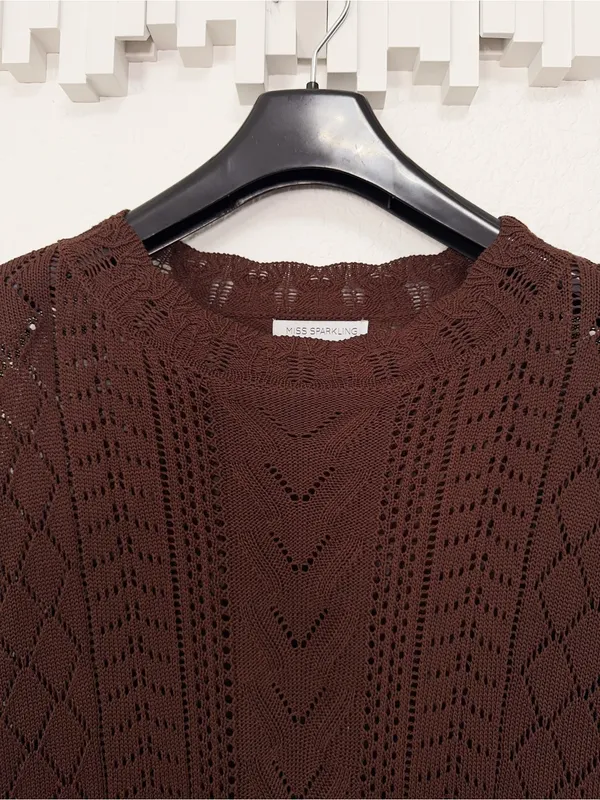 Miss Sparkling Brown Crochet Lace Open Knit Long Sleeve Boho Sweater Top XL - Image 5