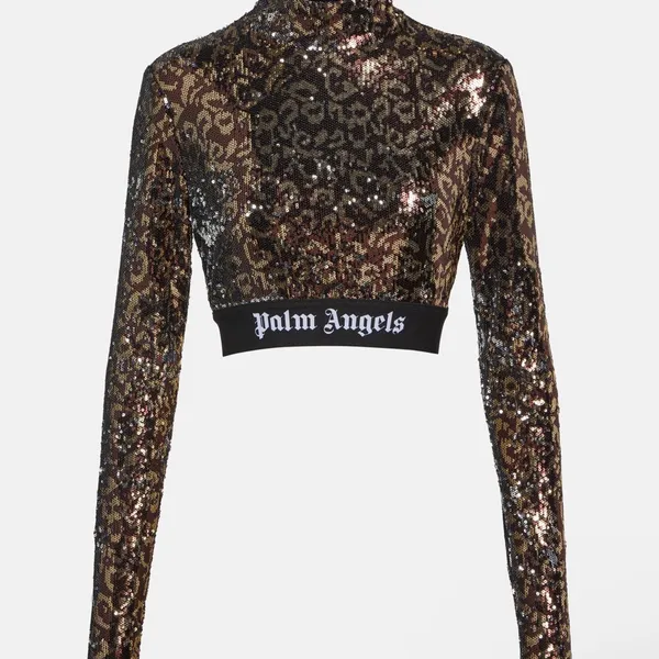 Palm Angels Glittering Sequin Crop Top - Black and Gold - Image 5
