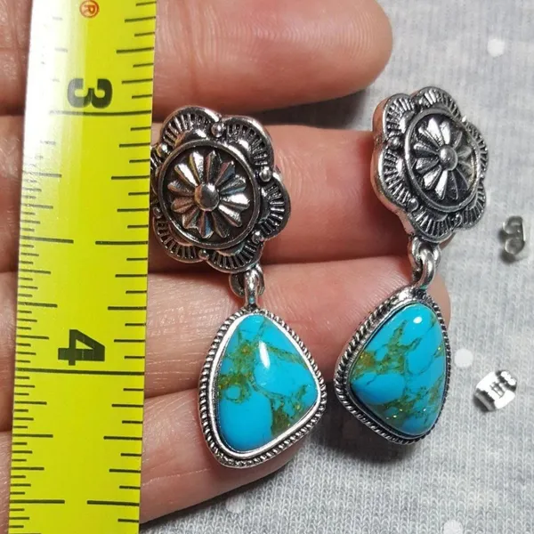Vintage women silver plated Turquoise Dangle Drop Hoop Earrings - Image 3